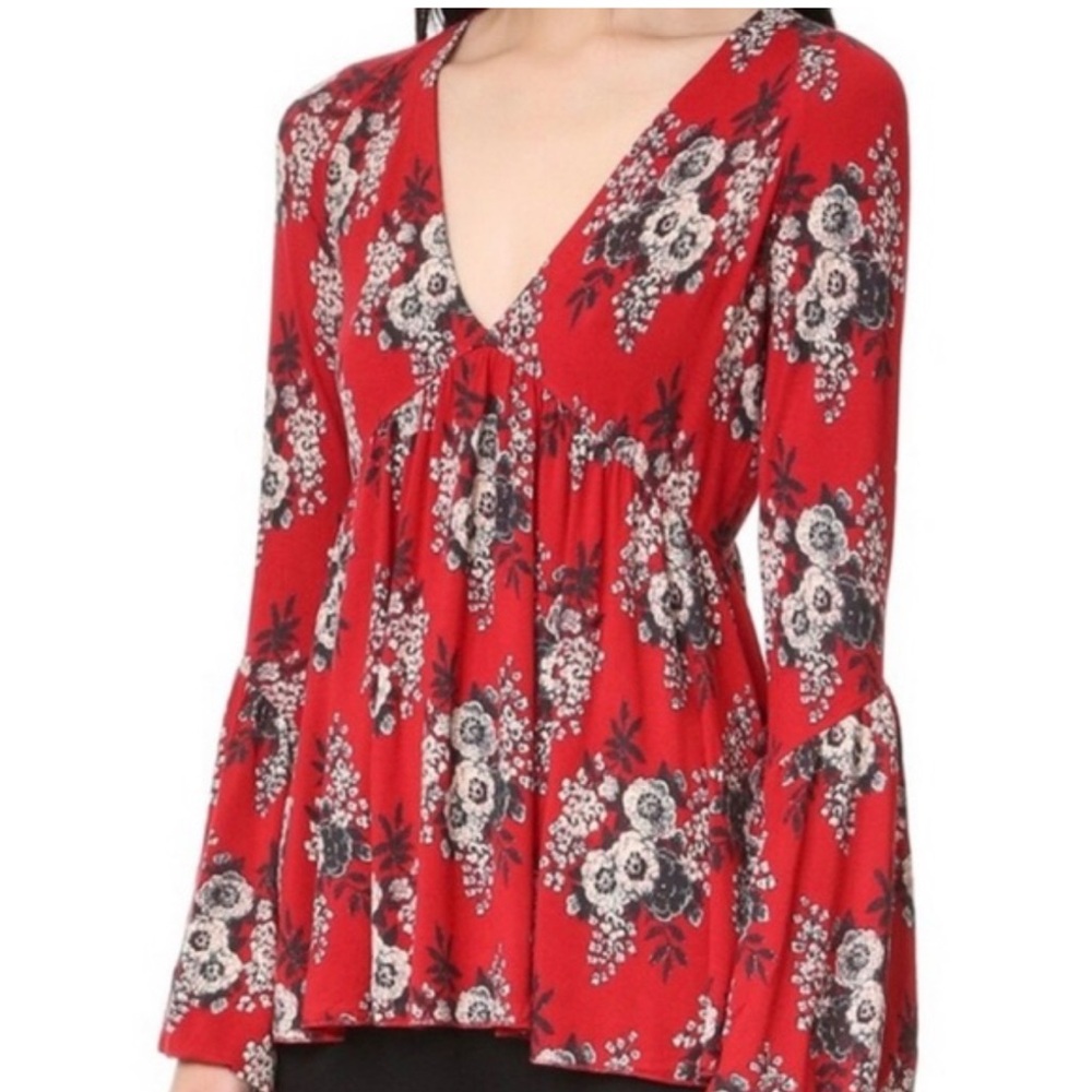 Free People Speak Easy Red Floral Tunic Top